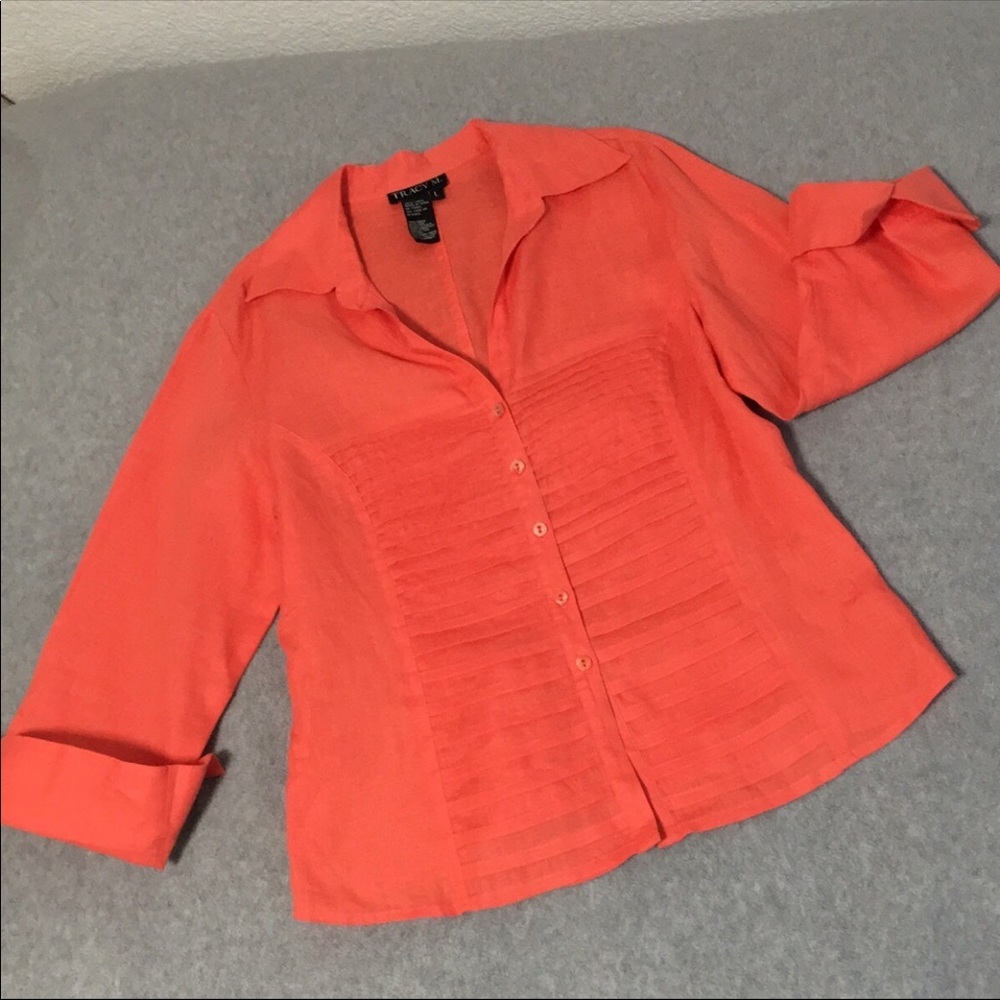 Linen Button Top Blouse Large Coastal Orange Casual